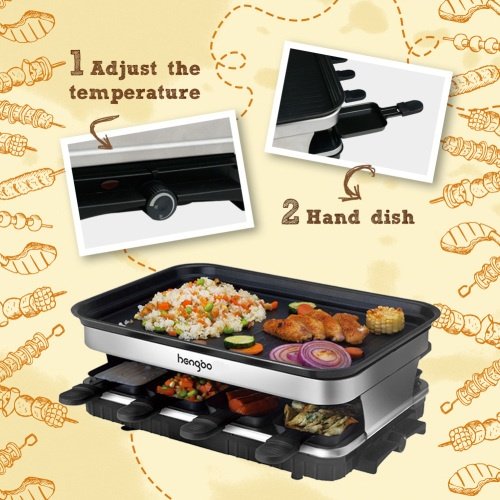 Raclette Grill 8 People Grill Plate Non-stick Coated, Raclette With 8 Mini Raclette Pans, Infinitely Adjustable Temperature, 1500W - Image 4